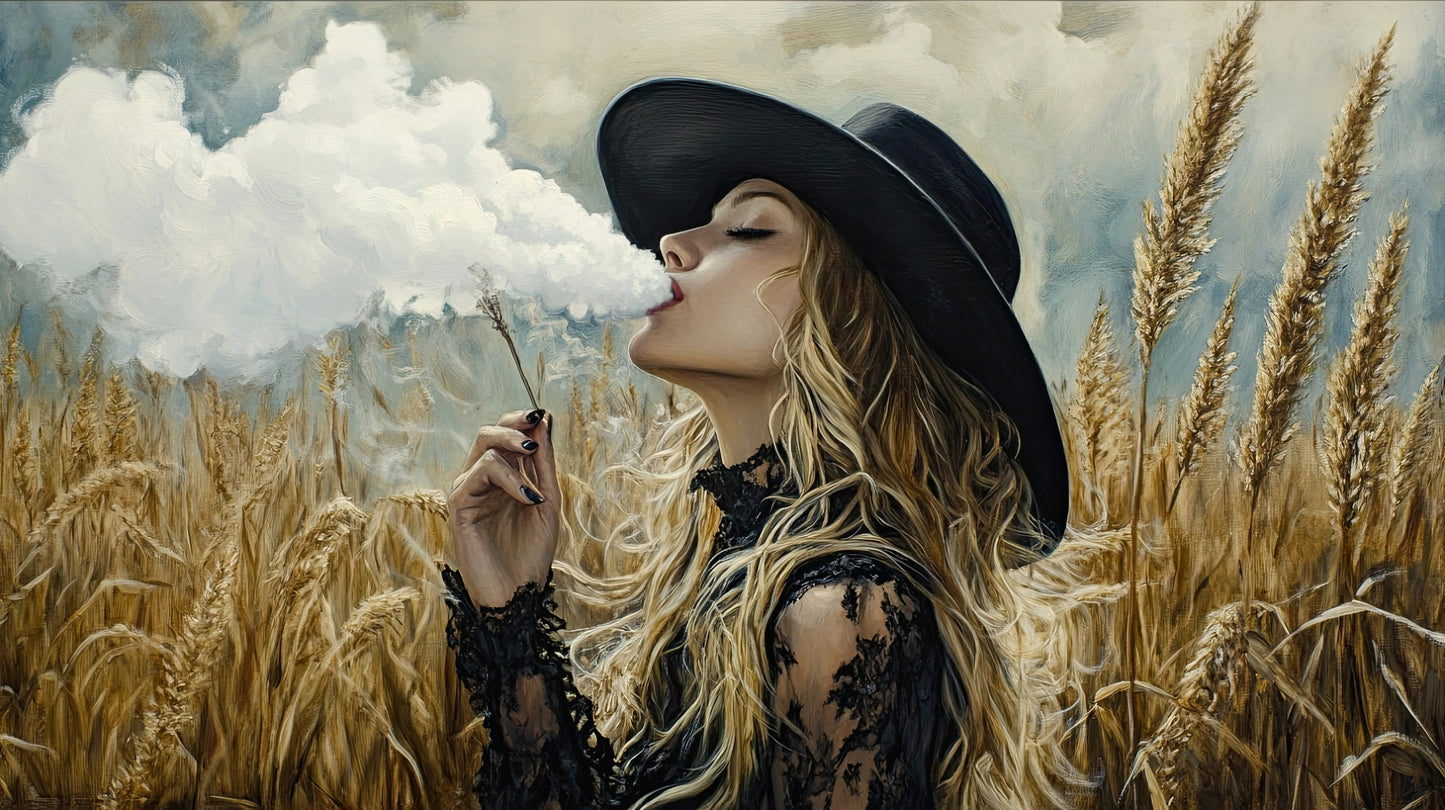 Volledige weergave van Wolkendroom met dromerige vrouw in korenveld onder een bewolkte hemel