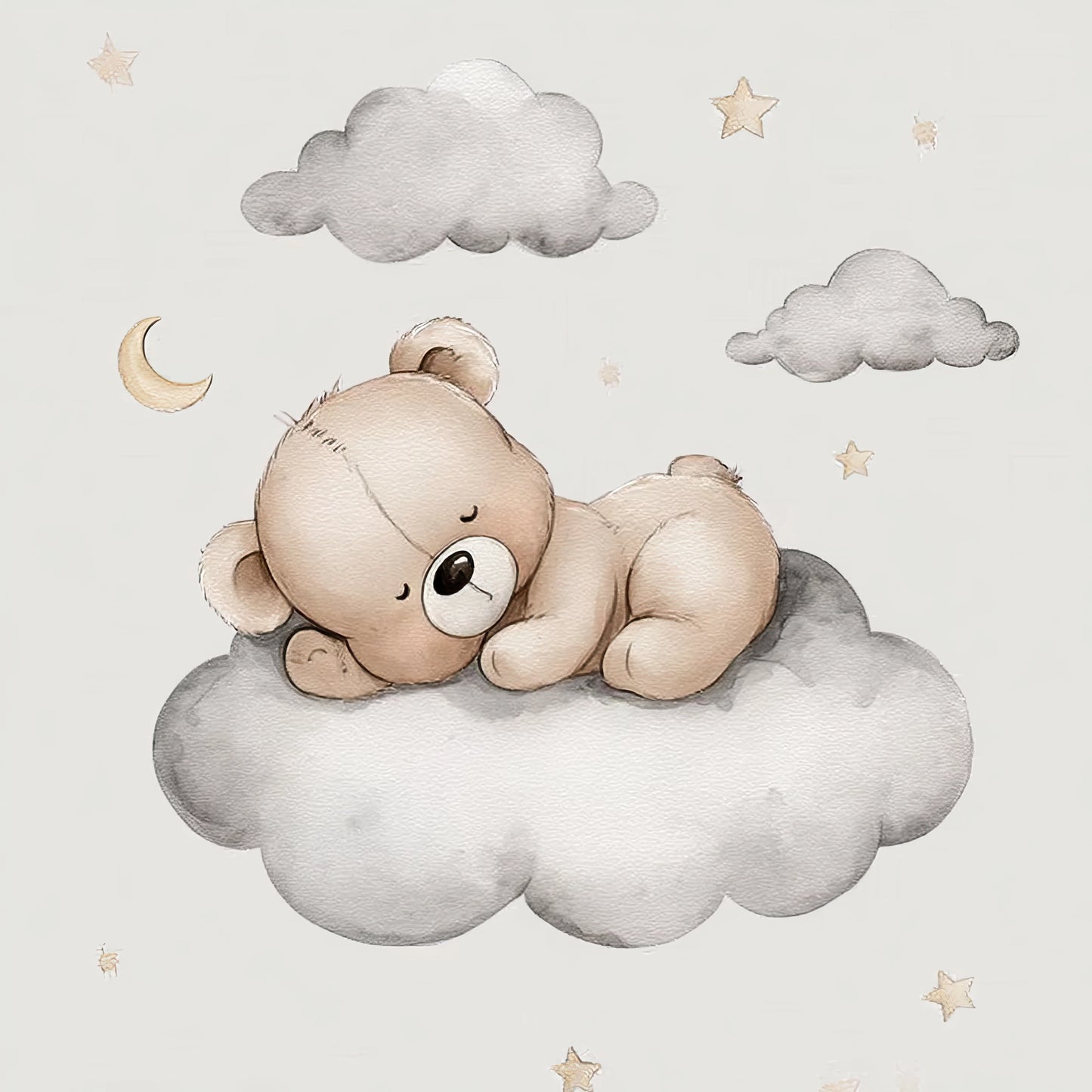 Illustratie van slapend beertje op een grijze wolk, omringd door sterren, maan en wolken