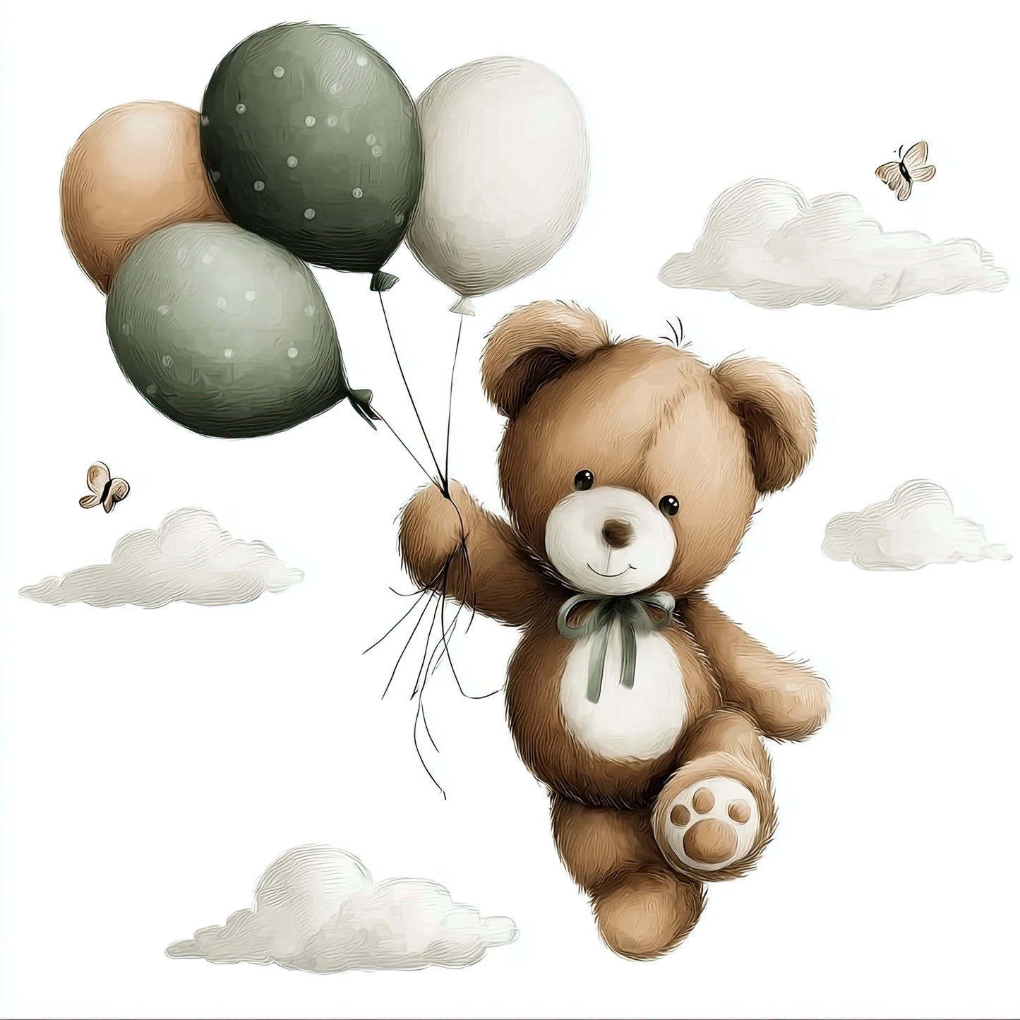 Illustratie van beertje in de lucht met ballonnen, wolken en vlinders eromheen