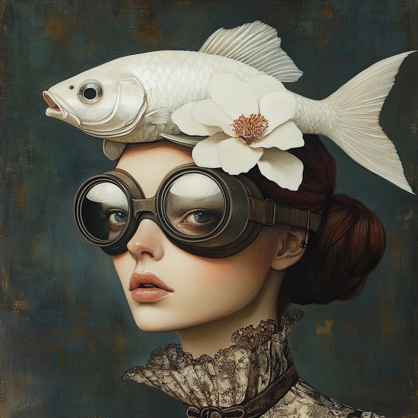 Volledige weergave van Wonderlijke Koers met surrealistisch portret van vrouw met vis op hoofd