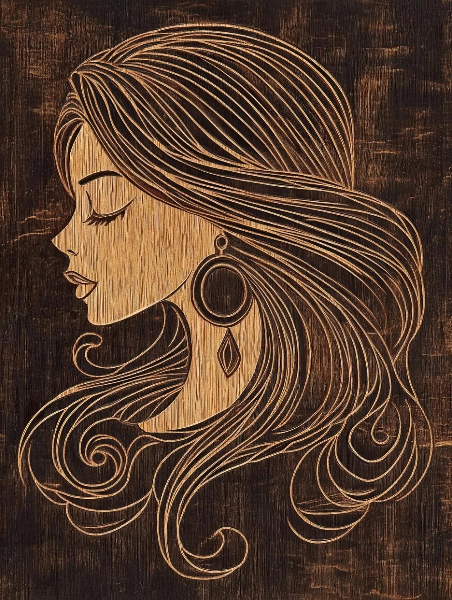 Volledige weergave van Wooden Grace met bruin en goudkleurig portret in profiel