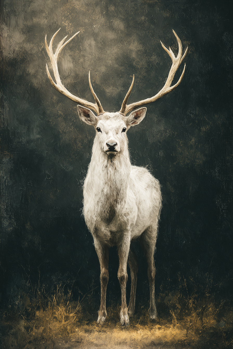 Volledige weergave van Woudkroon met statig wit hert in contrastrijk licht