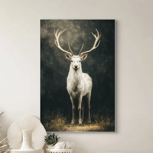 Detailopname van Woudkroon met wit hert en wijd gewei tegen donkere achtergrond