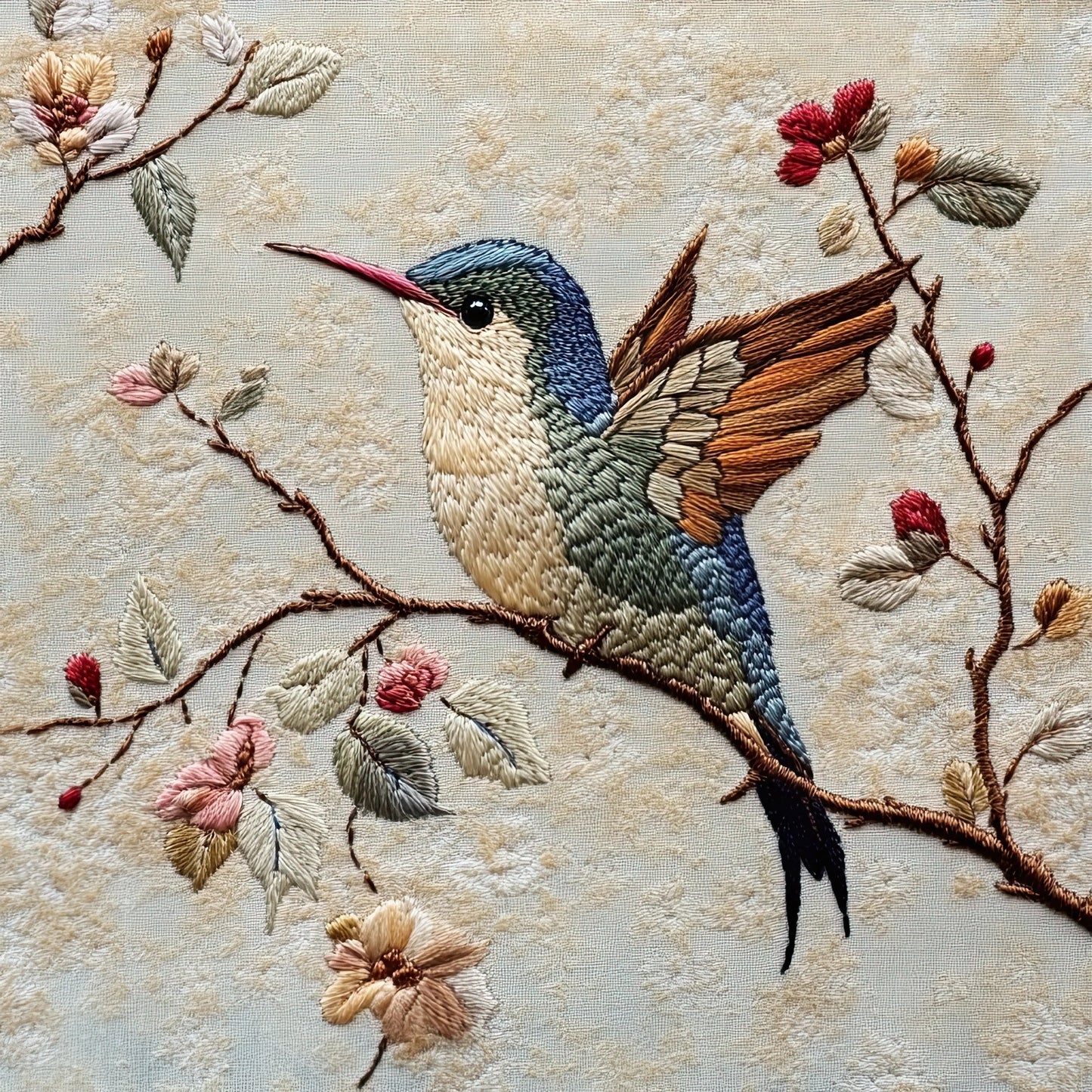 Kunstwerk van kolibrie tussen bloemen in geborduurde stijl met zachte kleuren en fijne lijnen