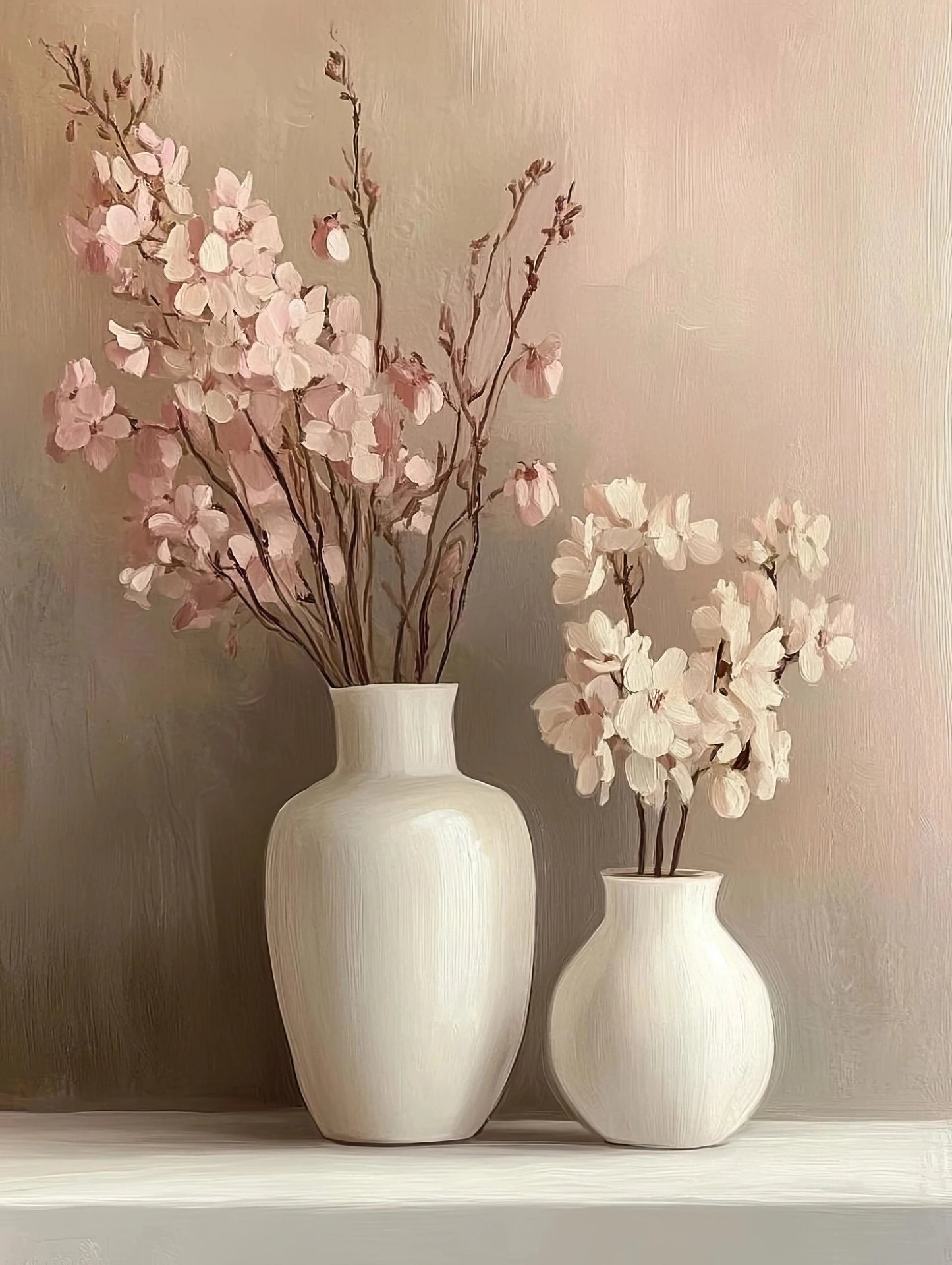 Volledige weergave van het kunstwerk “Zacht Moment” met witte vazen en roze bloesem tegen een beige achtergrond