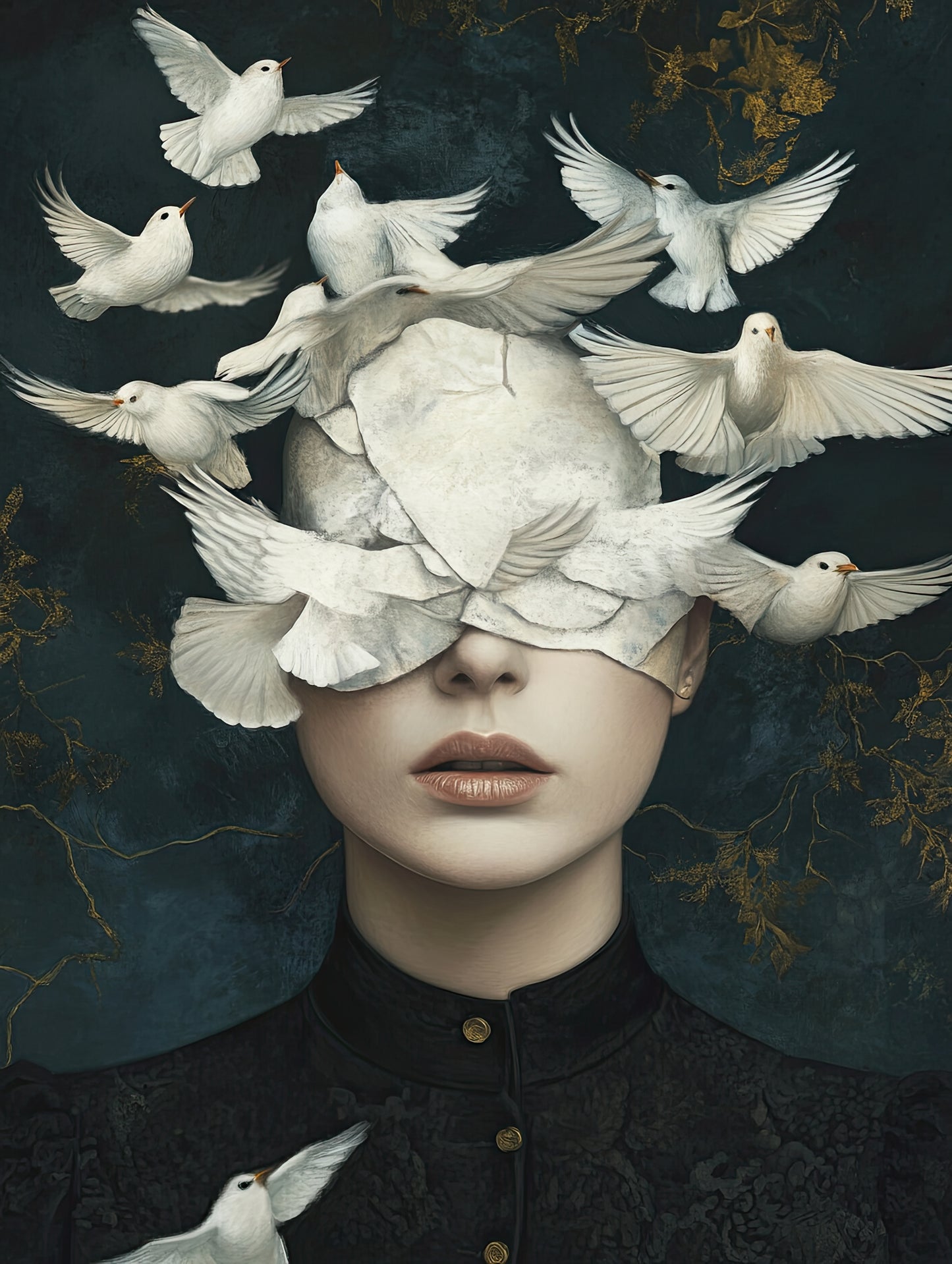 Volledige weergave van Zacht als Vleugels met vrouw en witte duiven op donkere achtergrond