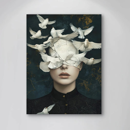 Detail van Zacht als Vleugels met witte duiven die het gezicht van een vrouw bedekken