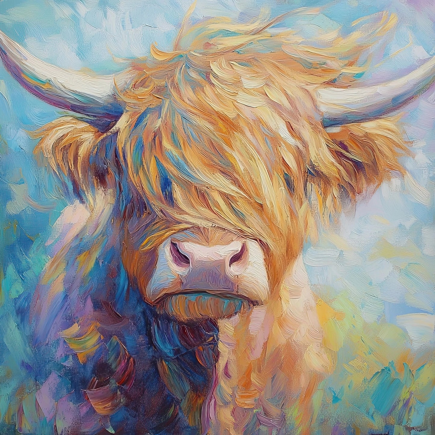 Kunstwerk van Schotse hooglander in oranje, paars en blauw met levendige penseelstreken