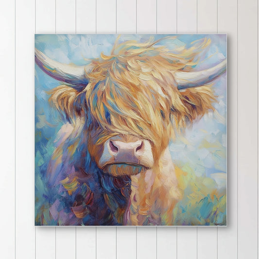 Detail van geschilderde hooglander met lange lokken en pastelkleuren op expressieve achtergrond