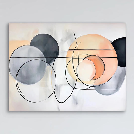 Detail van transparante cirkels in perzik, grijs en zwart met fijne lijnen op lichte achtergrond