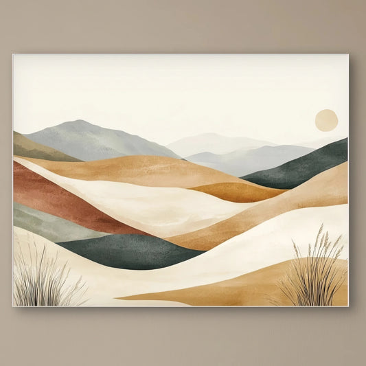 Detail van golvende heuvels in beige, oker en groen met zachte lijnen en een minimalistische zon