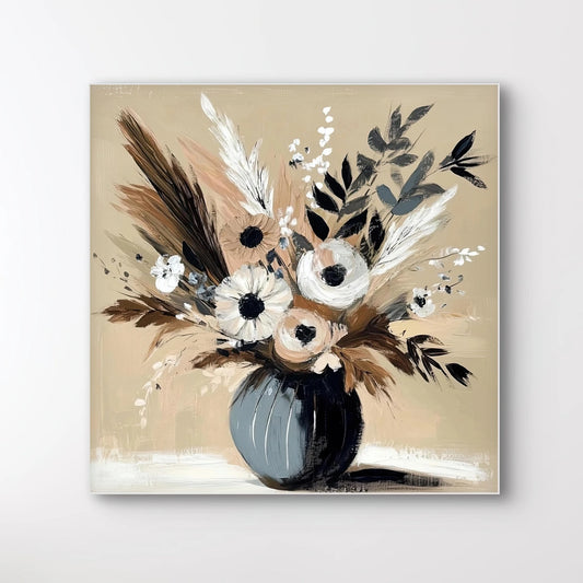 Detail van abstract geschilderde droogbloemen in beige en bruine tinten uit het kunstwerk “Zand in Bloeiâ€