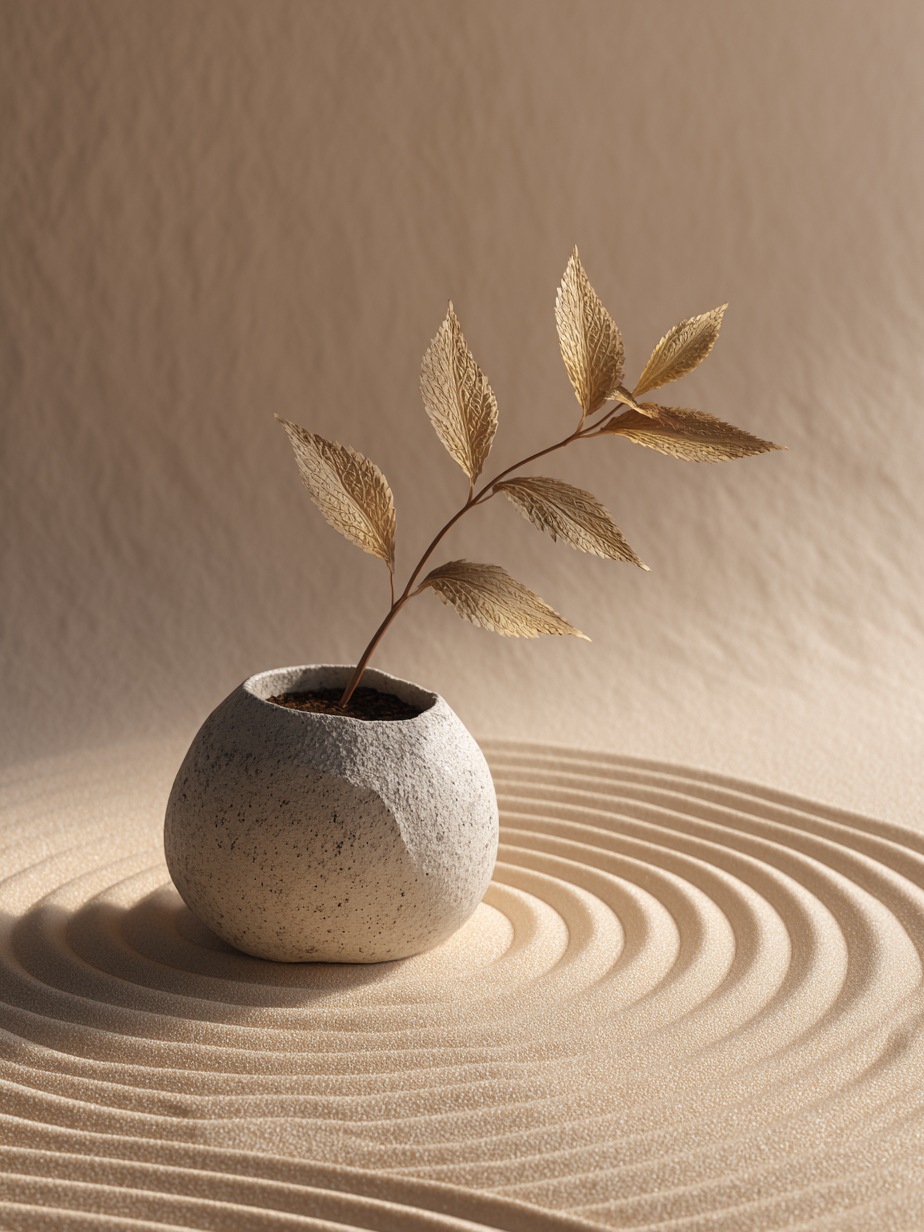 Zandritme, minimalistisch kunstwerk met vaas en golvende zandlijnen