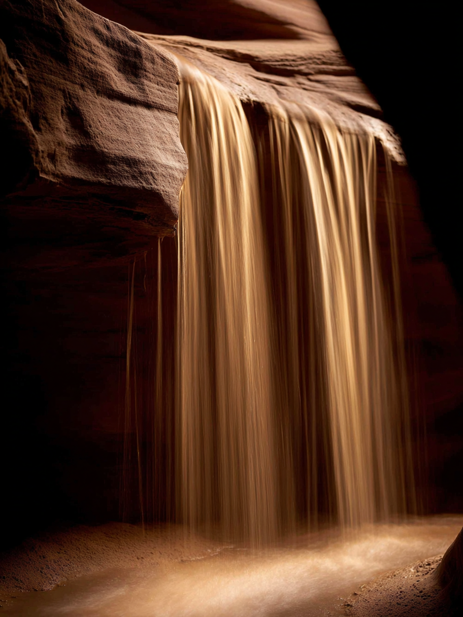Fotografisch wandkunstwerk met zandwaterval in zachte bruine en gouden tinten
