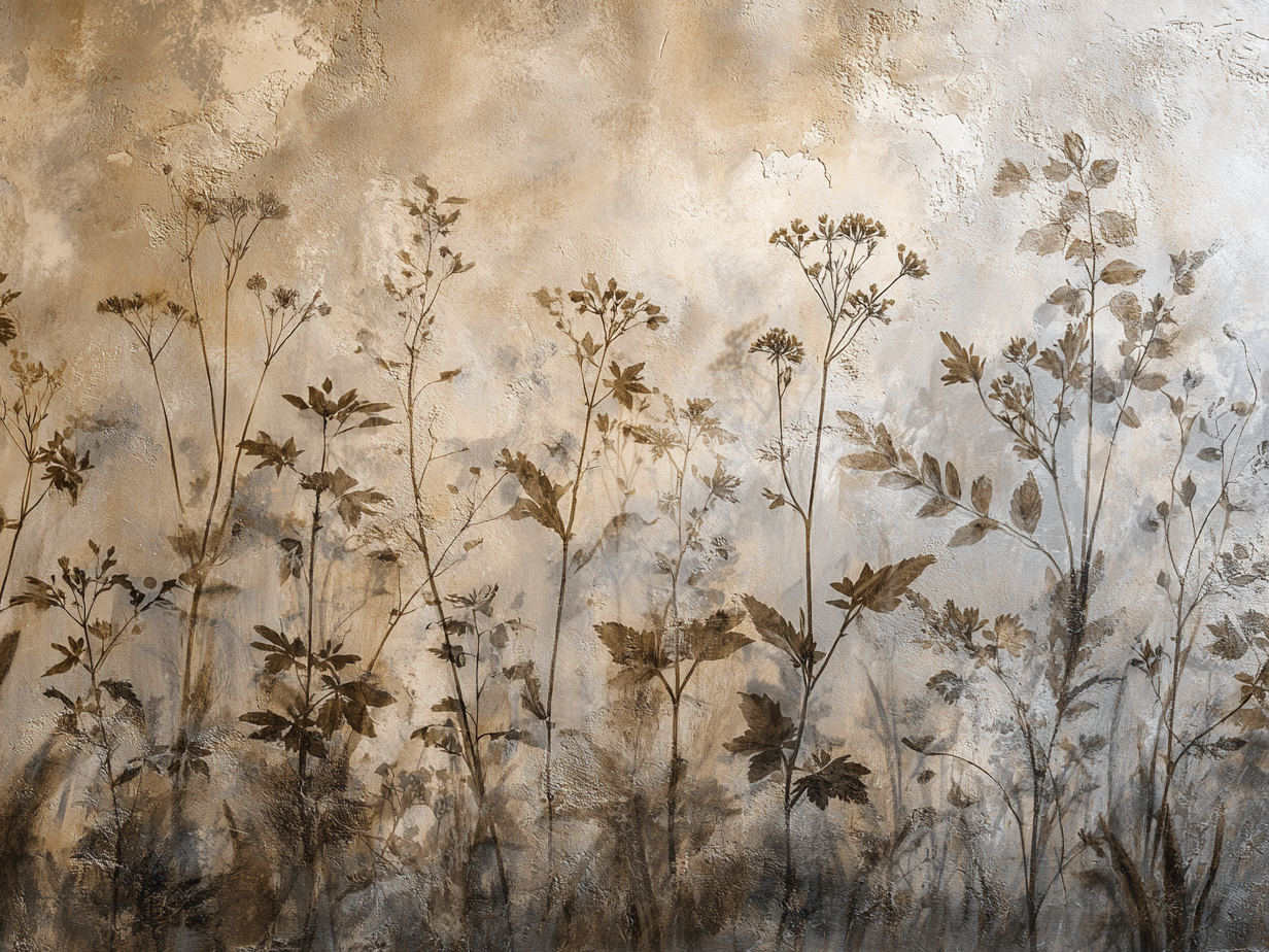 Botanisch wandkunstwerk met planten silhouetten in natuurlijke beige en bruine tinten
