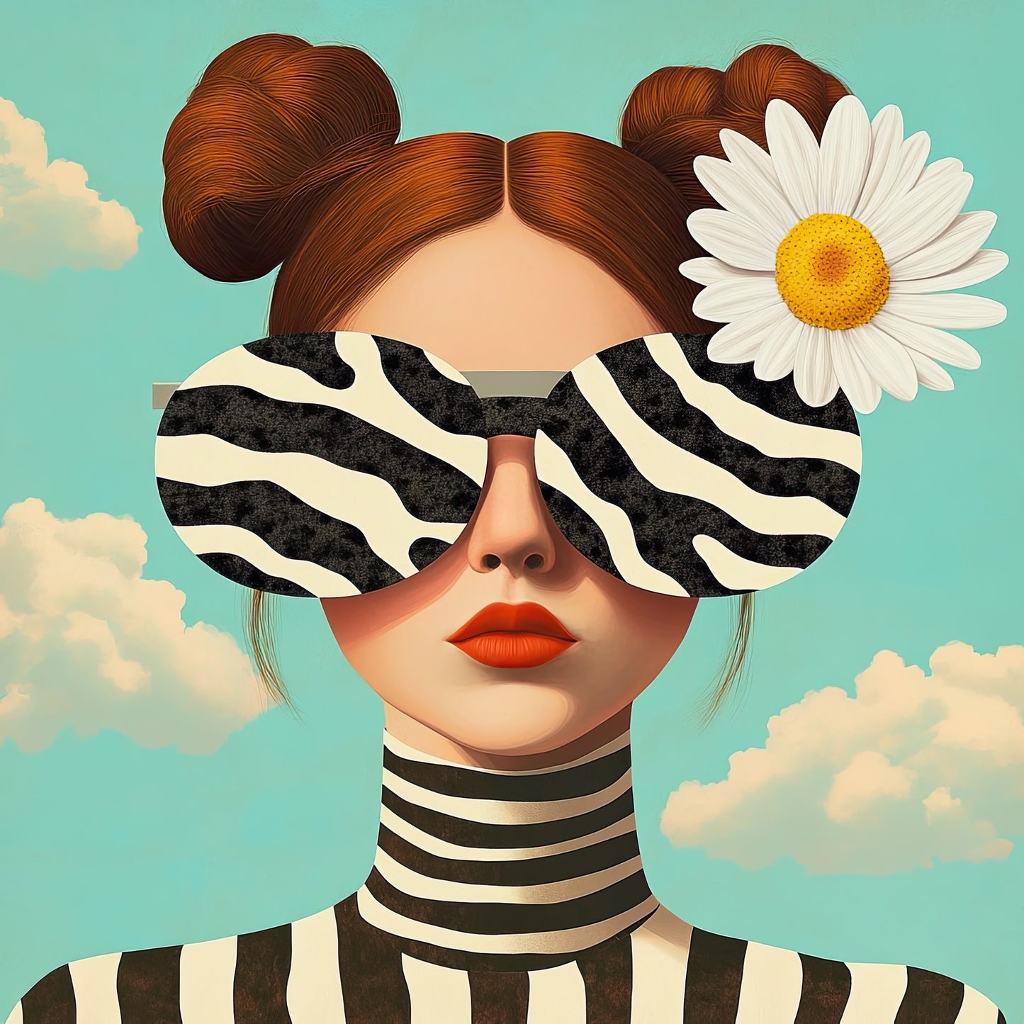 Volledige weergave van Zebra Daydream met vrouw in zwart-wit strepen en blauwe lucht met wolken