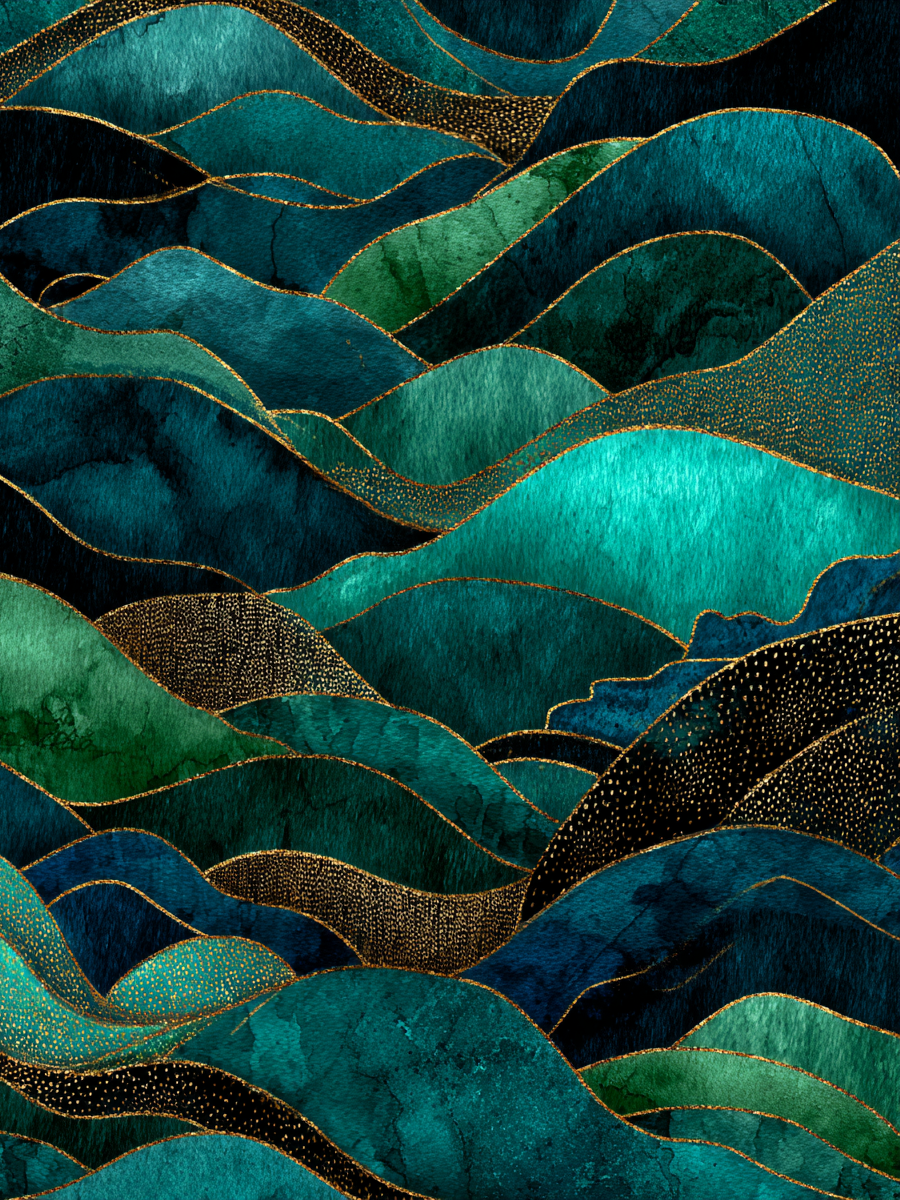 Abstracte compositie in groen en blauw met gelaagde golven en verfijnde structuur