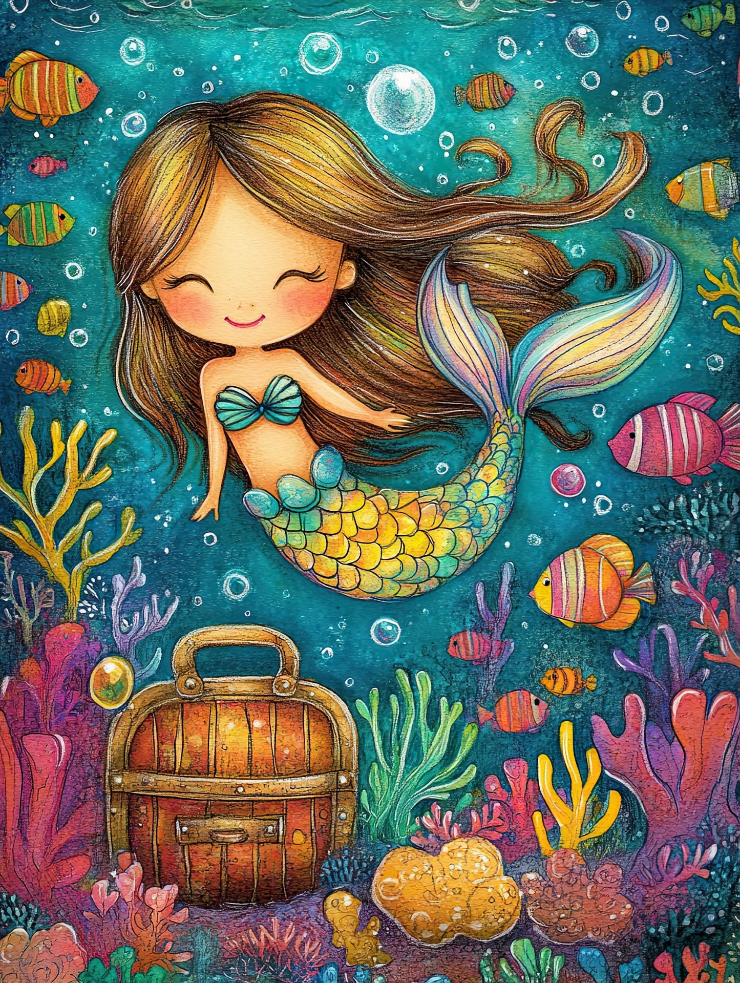 Illustratie van zeemeermin in onderwaterwereld met koraal, vissen en schatkist