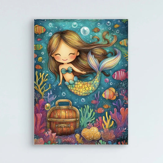 Detail van zeemeermin Mia met lange haren, schatkist en omringende vissen