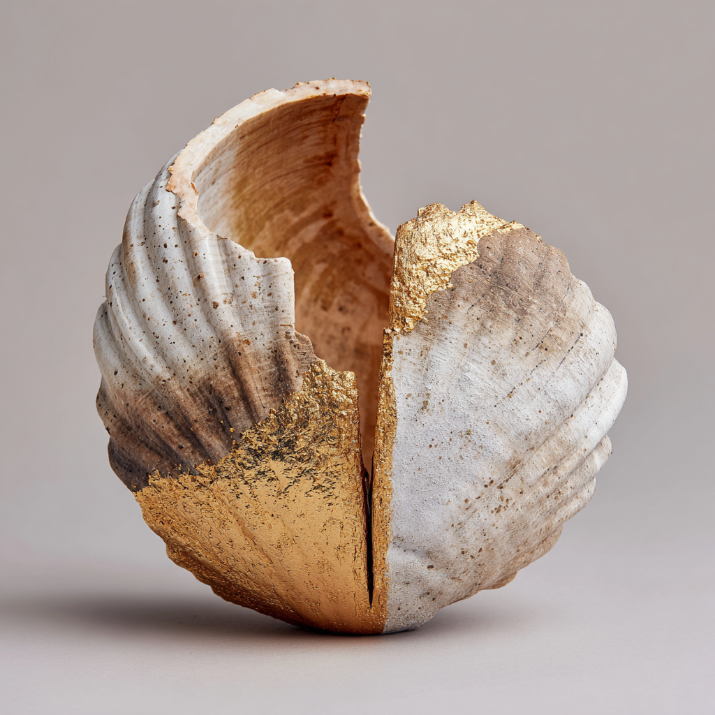 Volledig kunstwerk Ziel van Goud met schelp in aardse tinten en gouden details