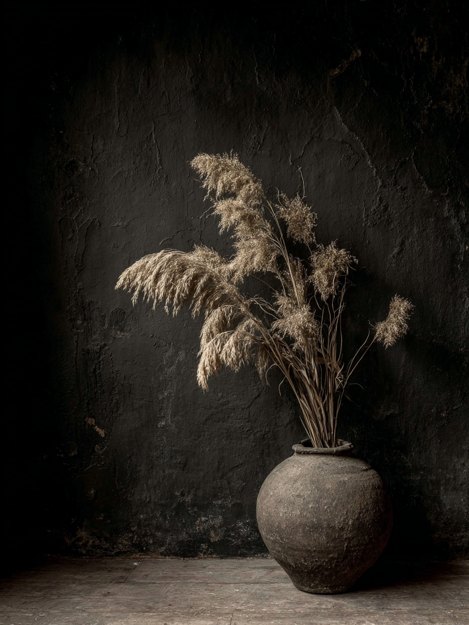 Volledig kunstwerk Zielenvaas met stilleven van kruik en pluimen tegen donkere achtergrond