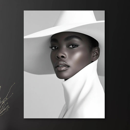 Detail van Zij is stijl met vrouw in witte hoed en hoge kraag