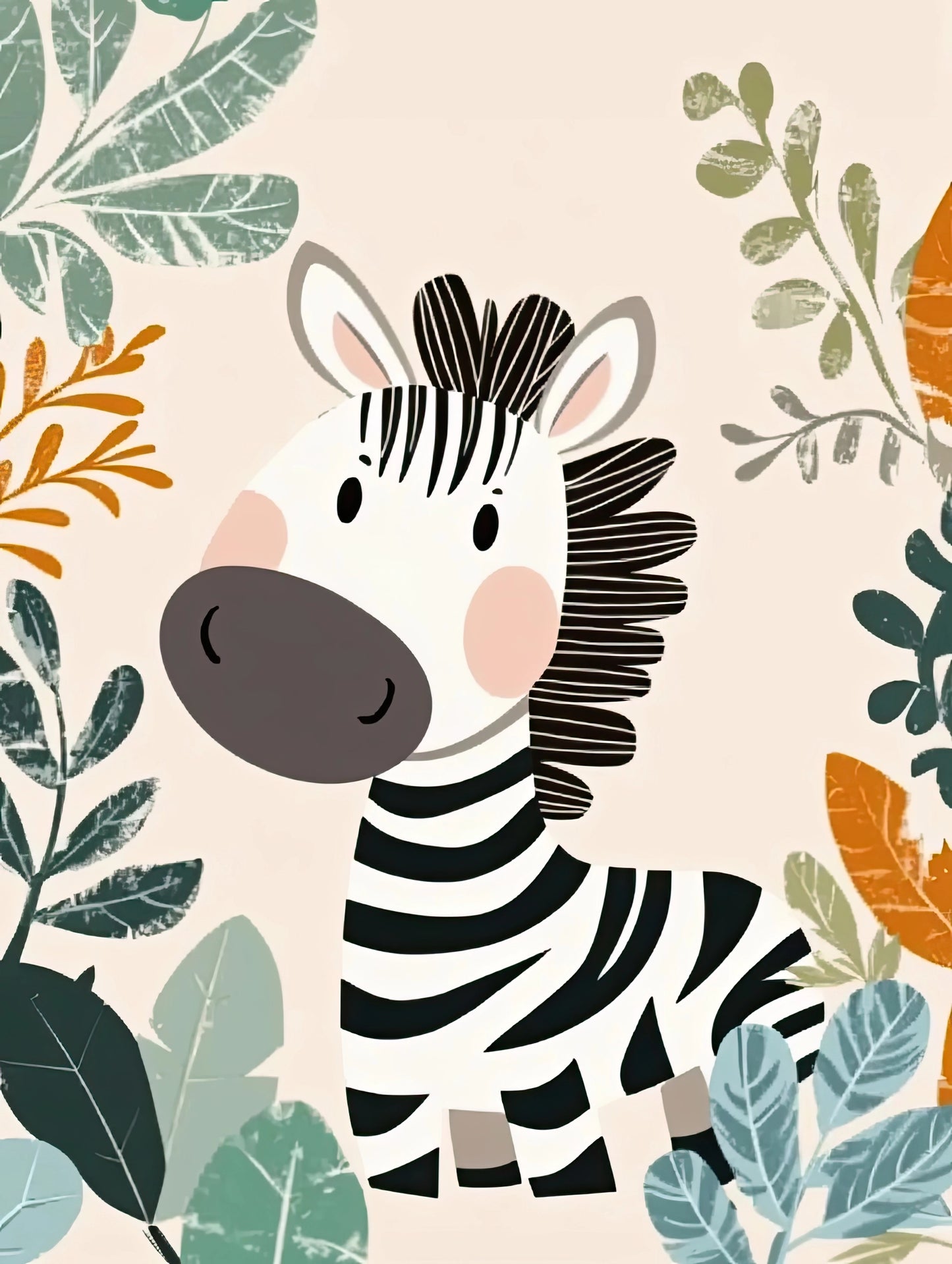 Illustratie van zebra in kleurrijke jungle met bladeren in groen, oranje en blauw