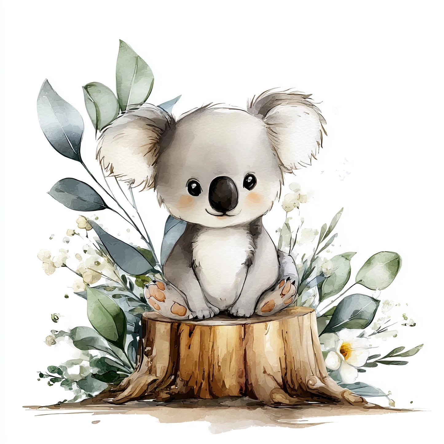Illustratie van koala op boomstronk met eucalyptusbladeren, witte bloemen en zachte achtergrond