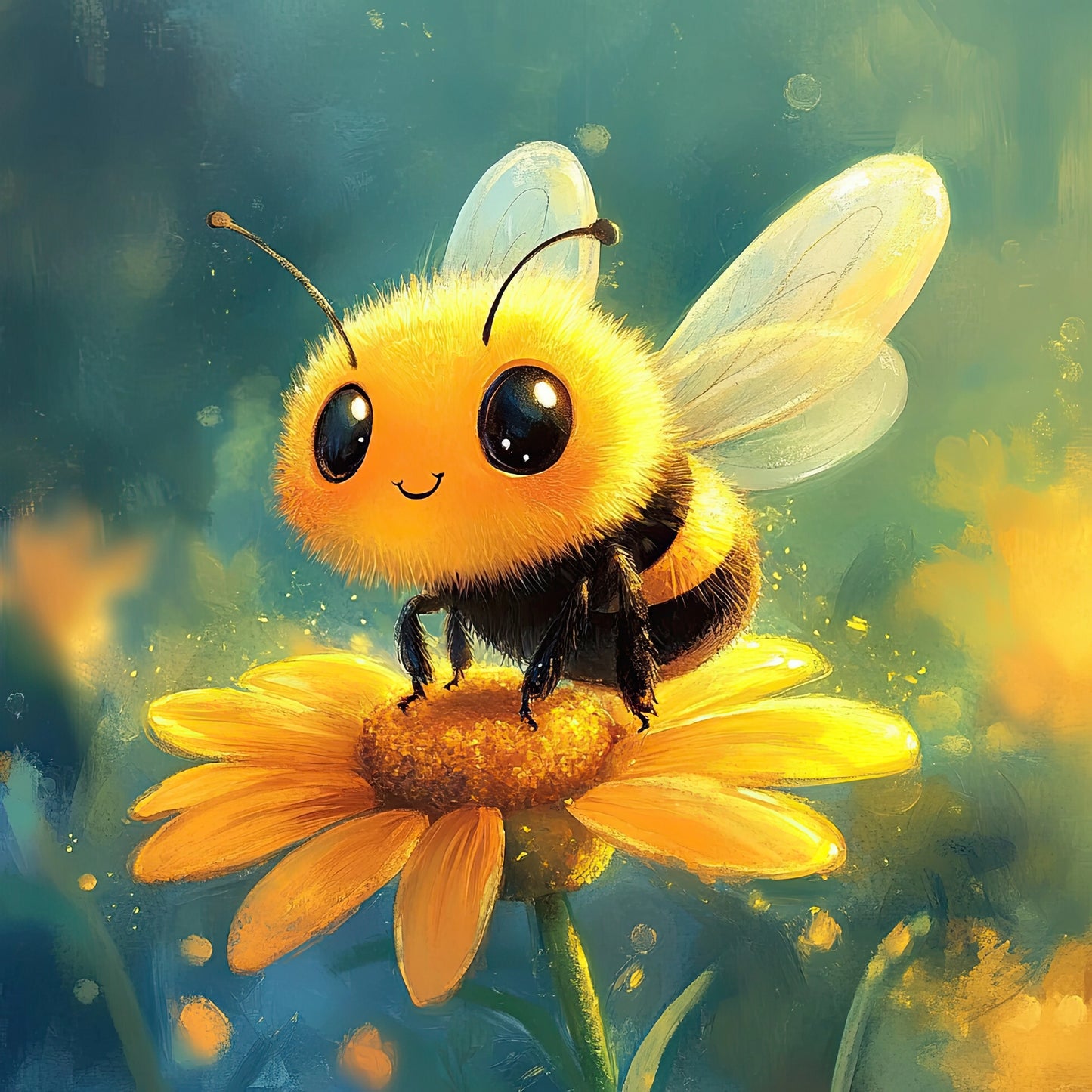 Illustratie van bij op gele bloem met zachte lichtgloed, warme kleuren en zomerse sfeer