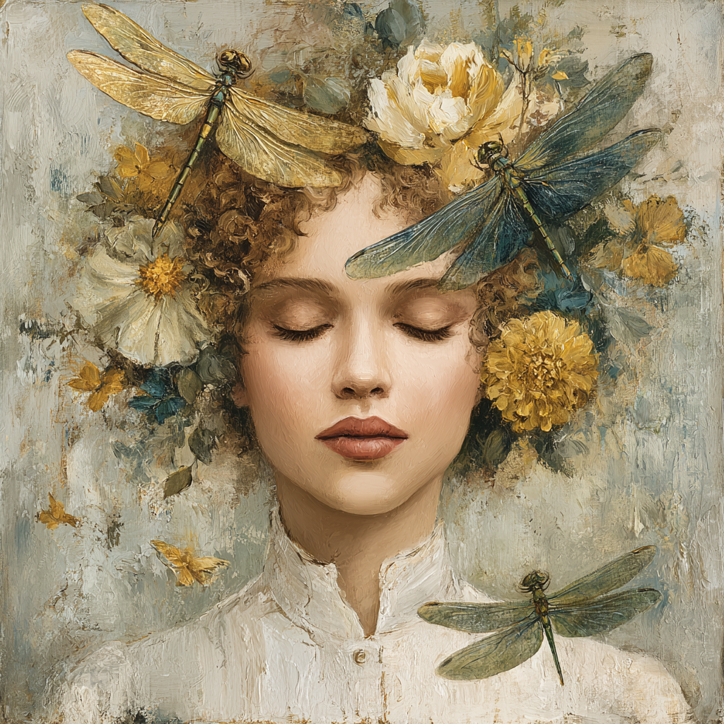 Volledige weergave van Zomeradem met vrouw, bloemen en libellen in zachte kleuren