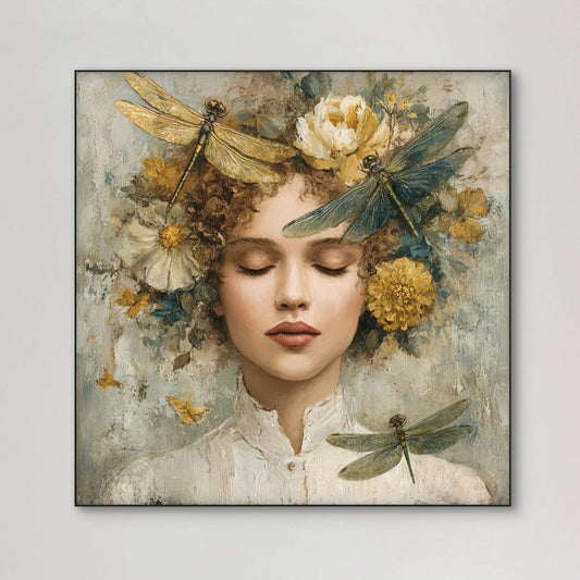 Detail van Zomeradem met vrouw en libellen tussen bloemen in warme tinten