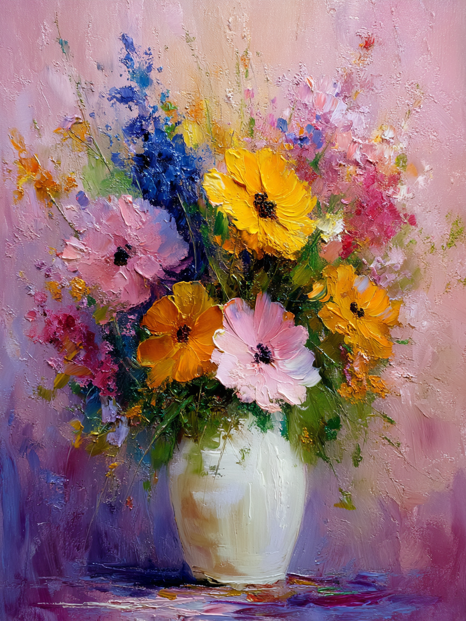 Volledig kunstwerk Zomerse Symfonie met bloemstuk in levendige zomertinten