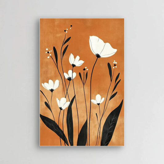 Detail van witte bloemetjes en zwarte bladeren op warme oranje achtergrond met minimalistische lijnen