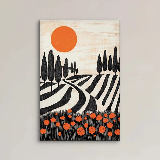 Detail van grafisch landschap met cipressen, golvende lijnen en oranje zon