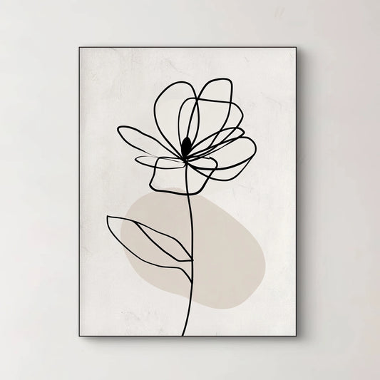 Detail van kunstwerk met abstracte lijnbloem en ovale beige schaduw op lichte textielstructuur