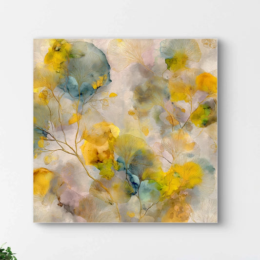 Detailopname van kunstwerk Zonneblad met kleurrijke bladeren in geel, blauwgroen en roze tinten