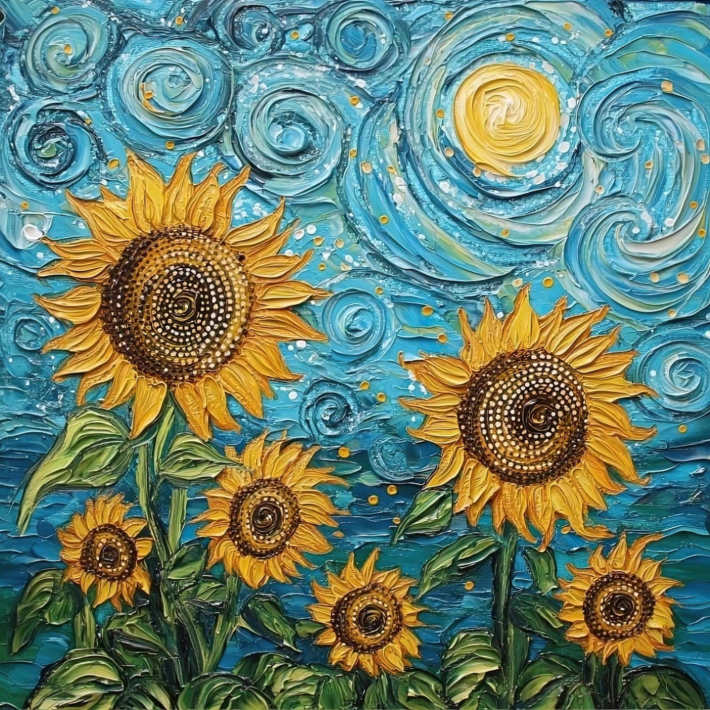 Volledig kunstwerk met zonnebloemen tegen een dynamische blauwe lucht vol cirkelvormige lijnen