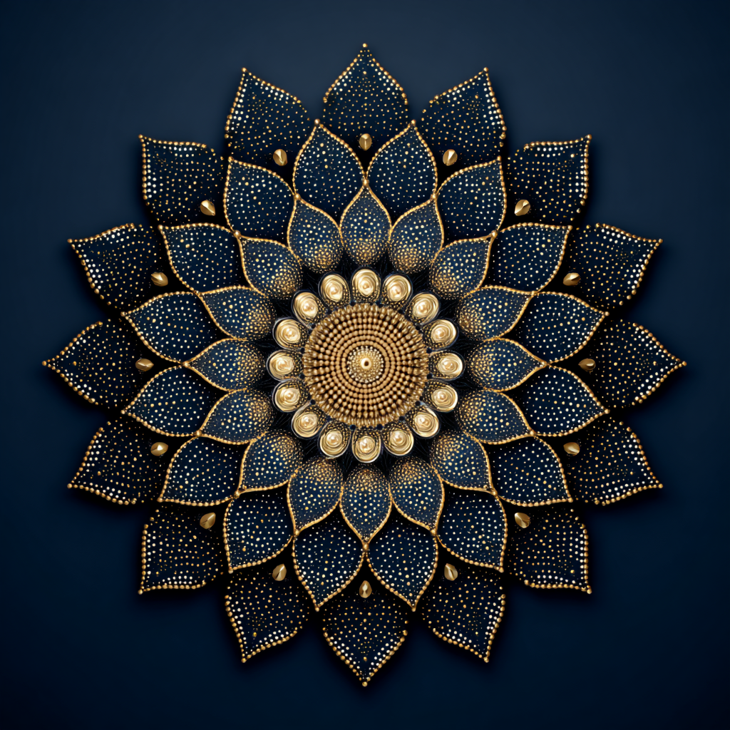 Kunstwerk Zonnehart met gouden bloemstructuur en symmetrisch patroon op een donkerblauwe achtergrond.