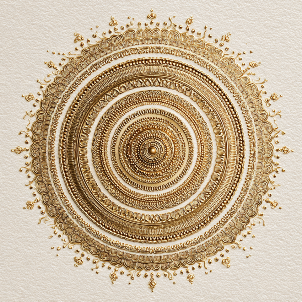 Zonnekroon toont een symmetrisch mandalapatroon van goud, glanzend tegen een zachte ivoorwitte achtergrond.