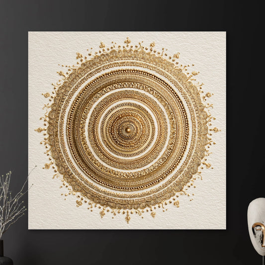 Detail van kunstwerk Zonnekroon met verfijnde gouden cirkelpatronen op een lichte achtergrond.