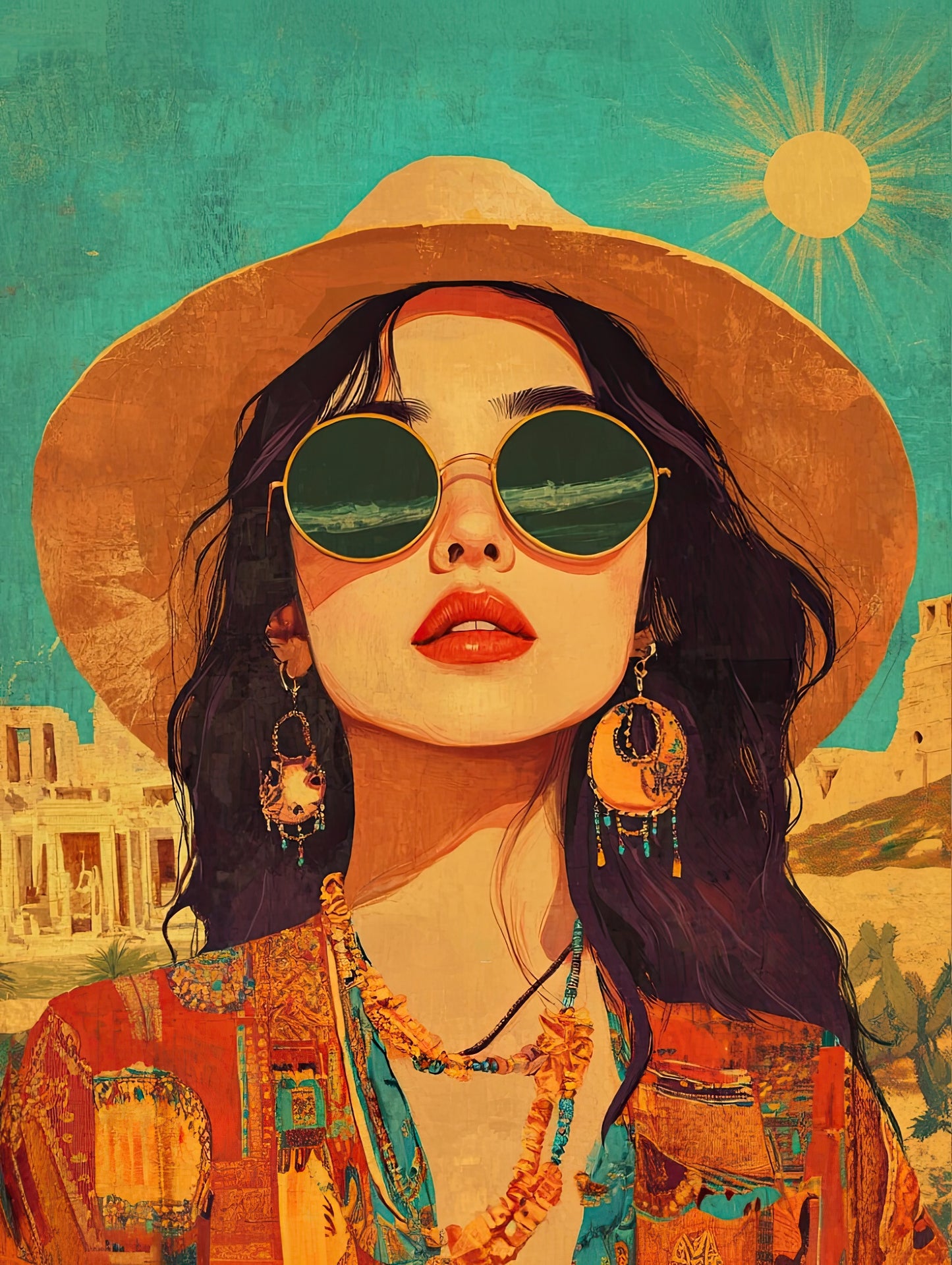 Volledige weergave van Zonnereis, kleurrijk portret met zomerse en reisachtige sfeer