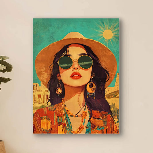 Detail van Zonnereis met vrouw in zonnehoed, sieraden en felle kleuren