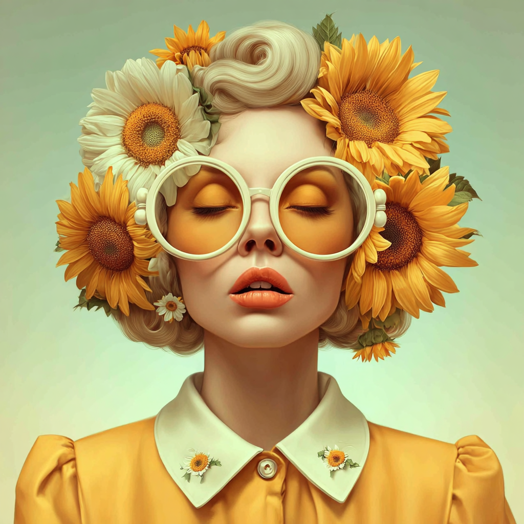 Volledige weergave van Zonnezin, portretkunst met zonnebloemen en vrolijke uitstraling