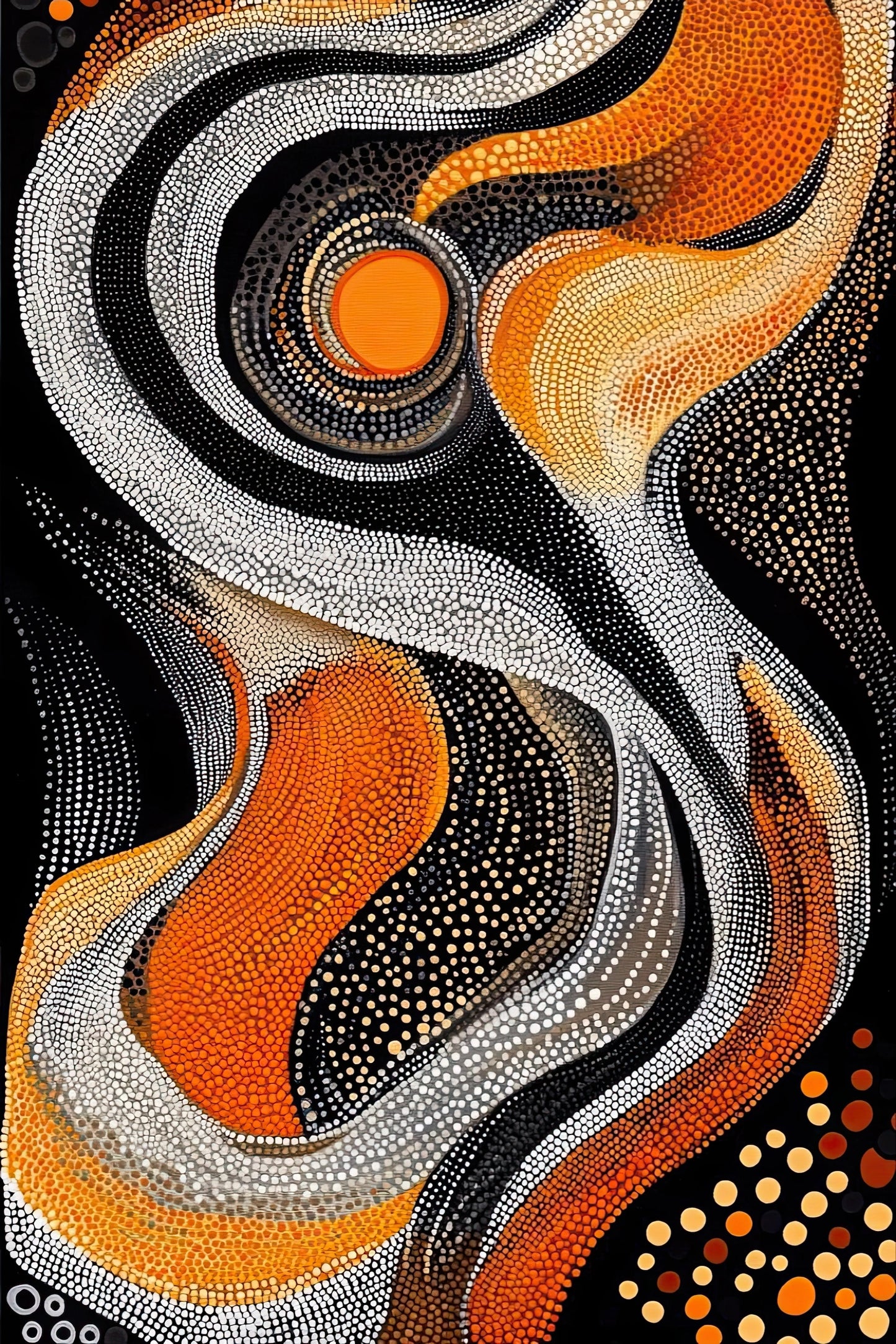 Kleurrijk abstract kunstwerk met golvende vormen en stippen in zonnige oranje tinten