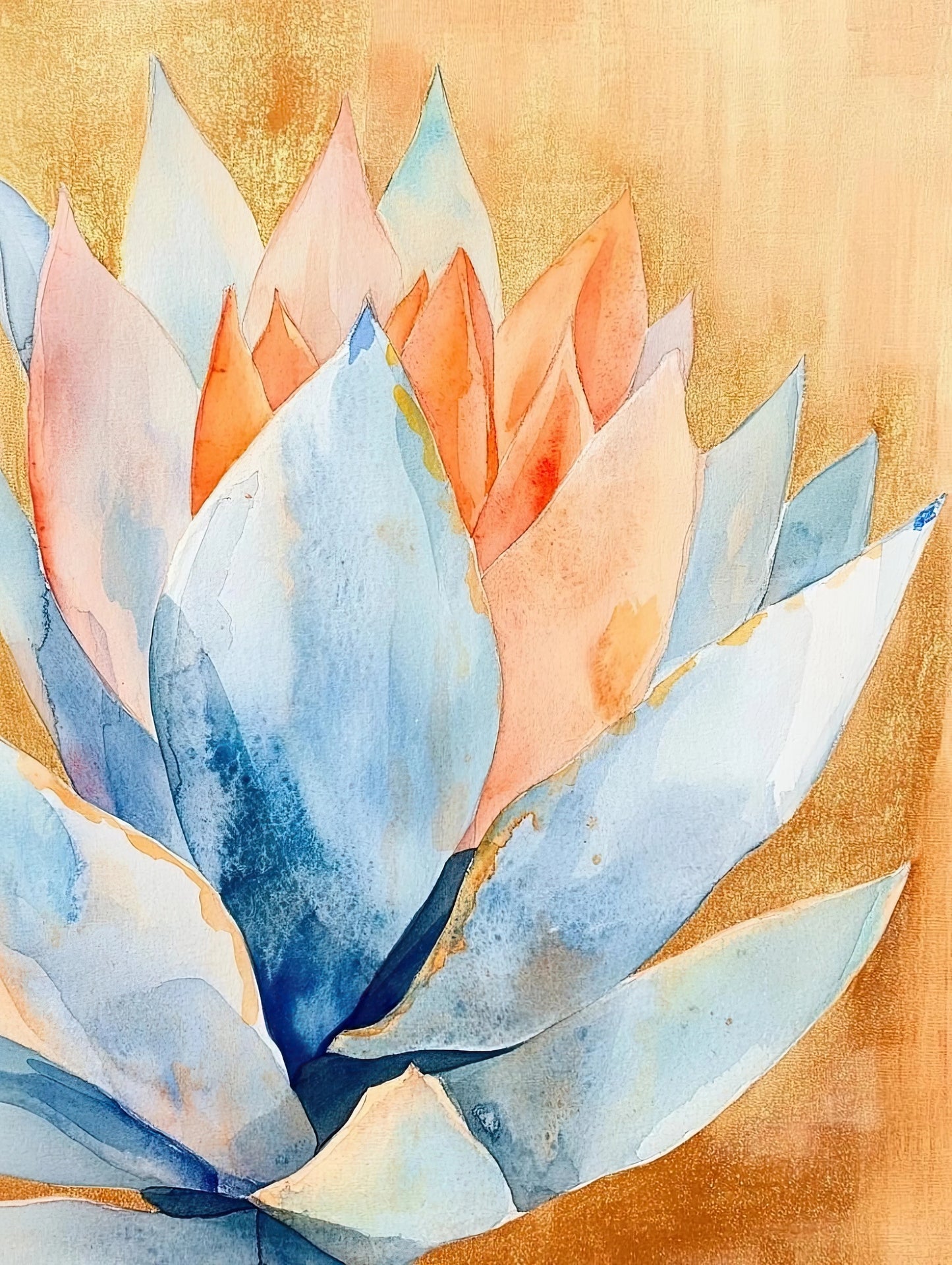 Abstracte schildering van een bloem in zachte kleuren blauw, oranje en perzik op een warme achtergrond