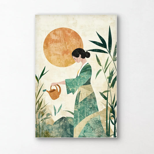 Detail van illustratie met vrouw in kimono onder een oranje zon, omgeven door bamboe in groentinten