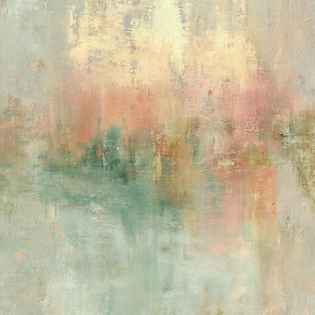 Volledige weergave van abstract kunstwerk Zonvloed in zachte pastel- en goudtinten