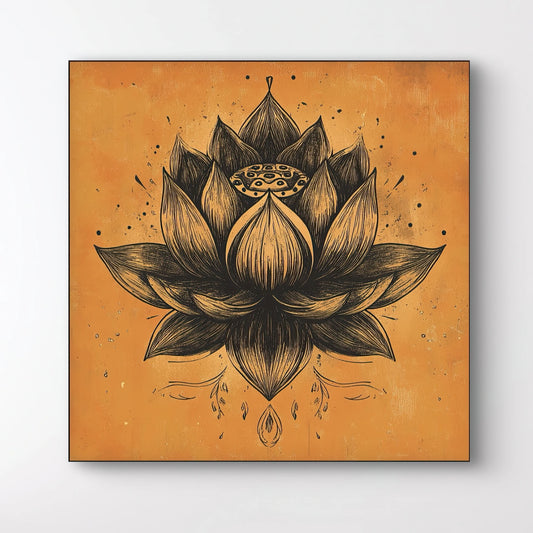 Detail van zwarte lotus met het alziend oog in het hart, tegen een oranje achtergrond vol textuur
