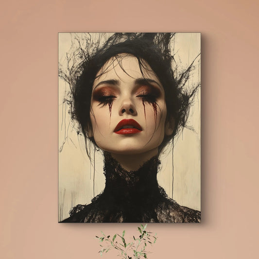 Detail van expressief vrouwelijk portret met intense blik, rode lippen en verfijnde donkere textuur.