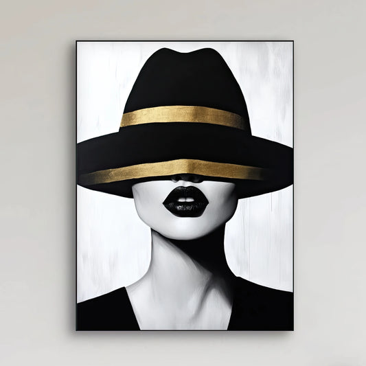 Detail van ZwartenGoud met vrouw in zwarte hoed en gouden band, zwarte lippen